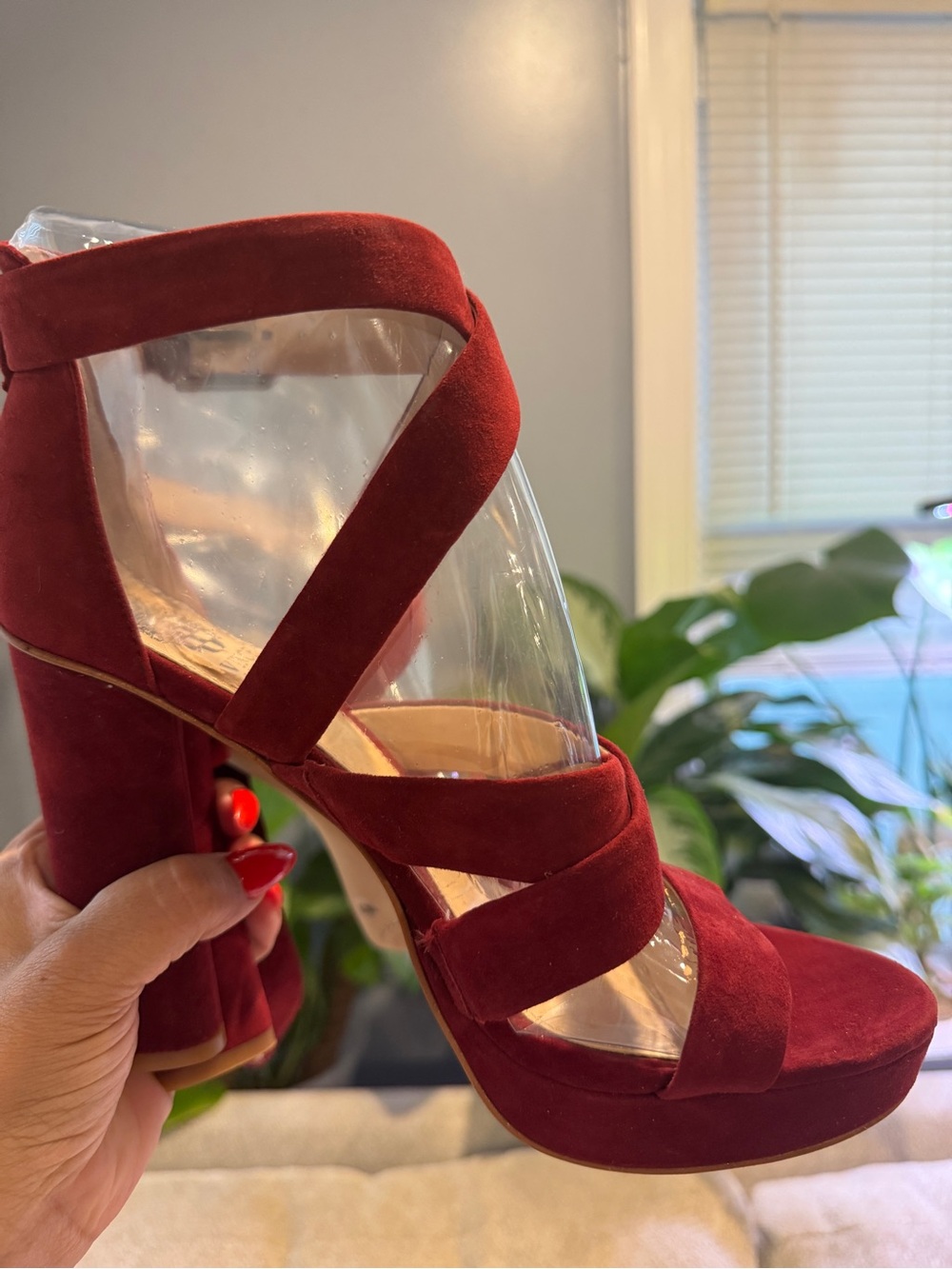 Vince Camuto Burgundy Suede Crisscross Platform Block Heels